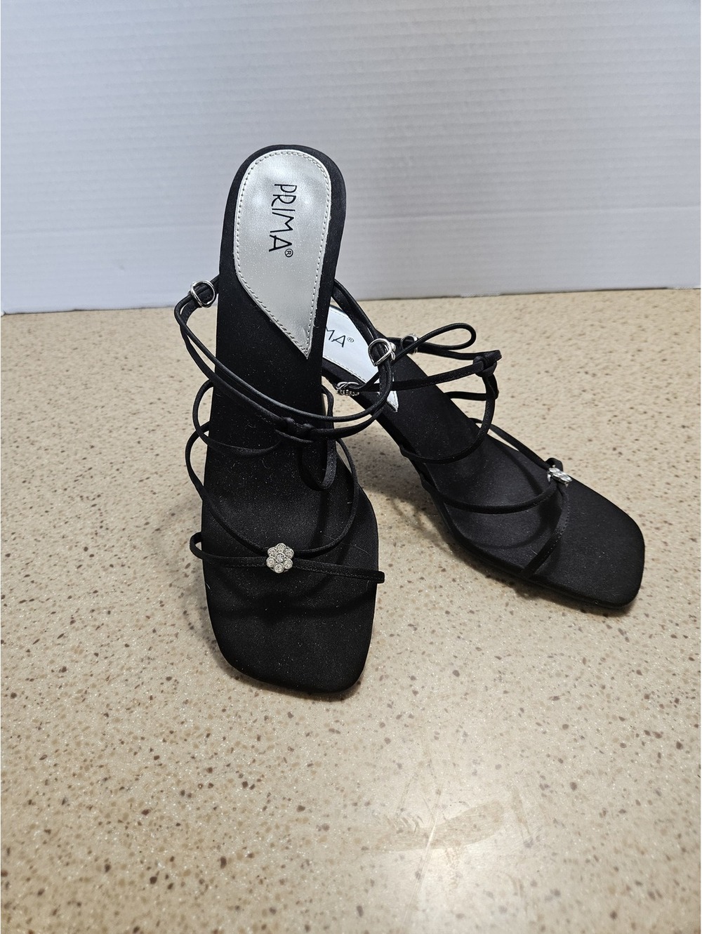 Prima Black Strappy Heeled Sandals with Rhinestone Detail Size 6M